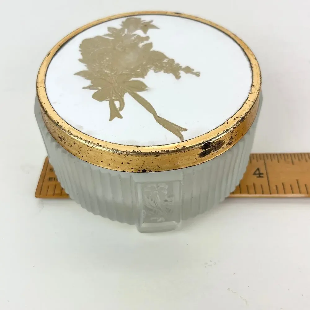 Vintage Ribbed Satin Glass Powder Vanity Jar Trinket Box